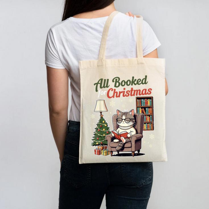All Booked For Christmas Cute Bookish Cat Lover Canvas Tote Bag All Booked For Christmas Cute Bookish Cat Lover Canvas Tote Bag