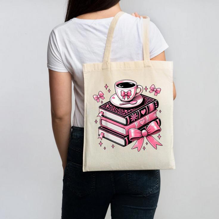All Booked For Valentine's Teacher Coquette Bow Coffee Book Canvas Tote Bag