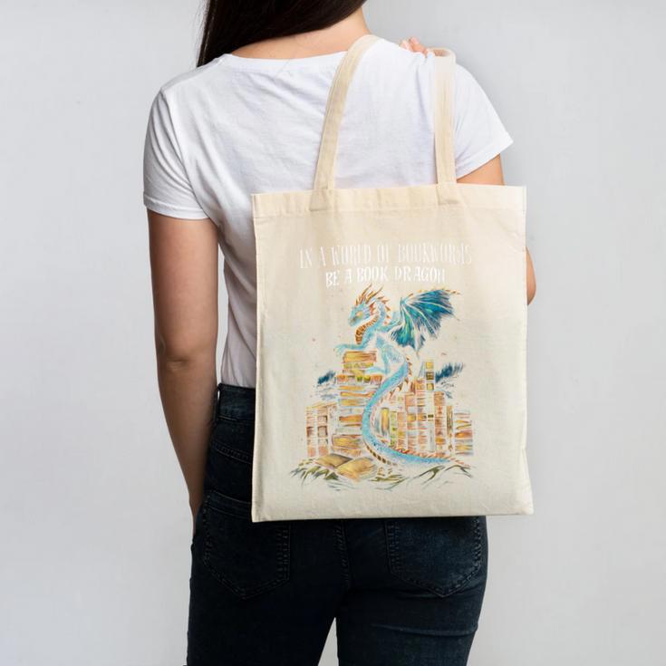 Bookish Quote In a World Of Bookworms Be a Book Dragon Canvas Tote Bag Bookish Quote In a World Of Bookworms Be a Book Dragon Canvas Tote Bag