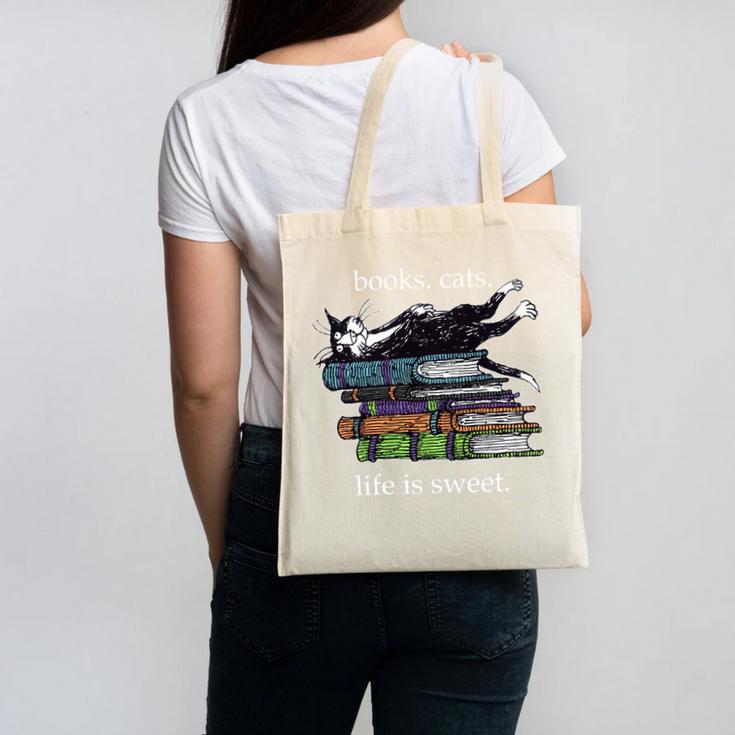 Books Cats Life Is Sweet Cats Books Lover Men Women Canvas Tote Bag Books Cats Life Is Sweet Cats Books Lover Men Women Canvas Tote Bag