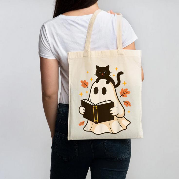 Books Ghost Reading Book Halloween Library Cat Fall Canvas Tote Bag