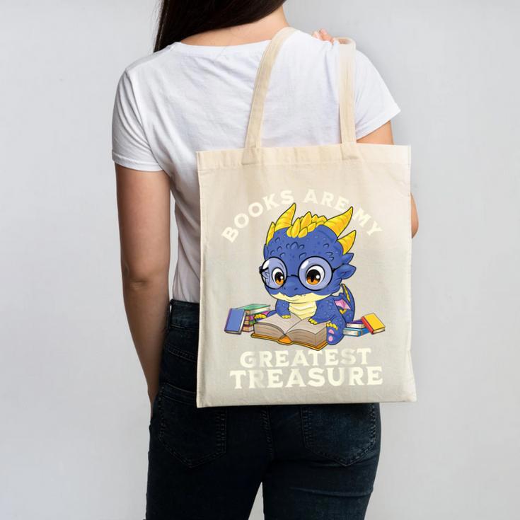 Books Are My Greatest Treasure Kawaii Dragon Reading Books Canvas Tote Bag