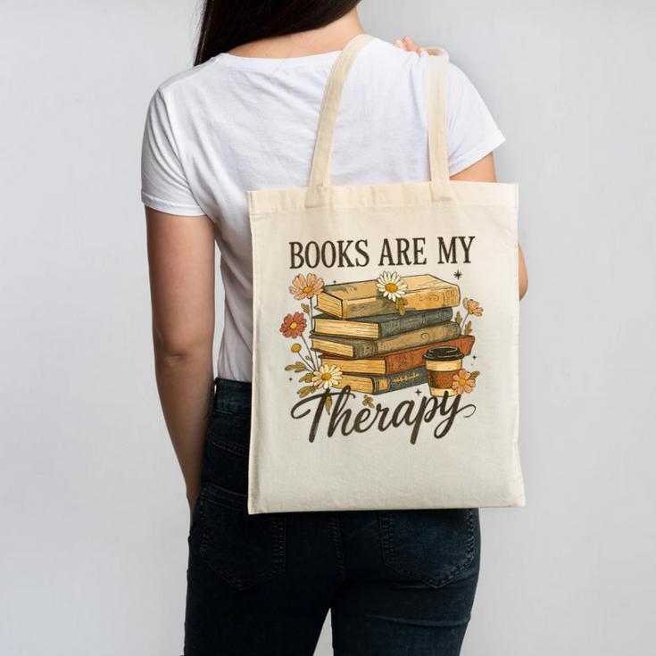 Books Are My Therapy Vintage Book Lover Daisy Art Canvas Tote Bag