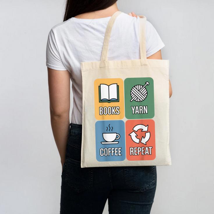 Books Yarn Coffee Repeat Crocheting Canvas Tote Bag