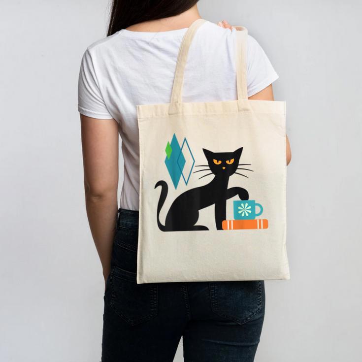 Cat Midcentury With Book And Coffee Atomic Age Mid Century Canvas Tote Bag