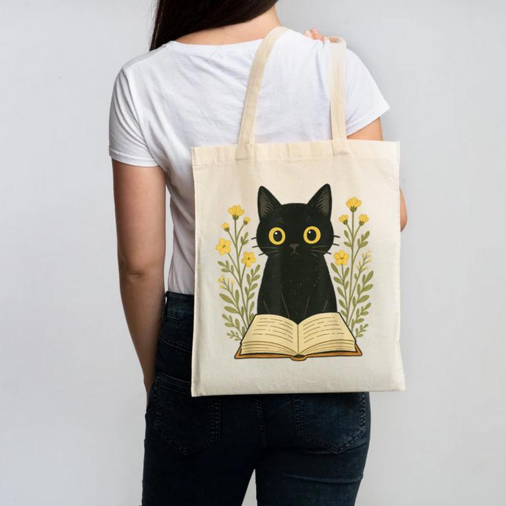 Cat Reading Book Flowers Canvas Tote Bag