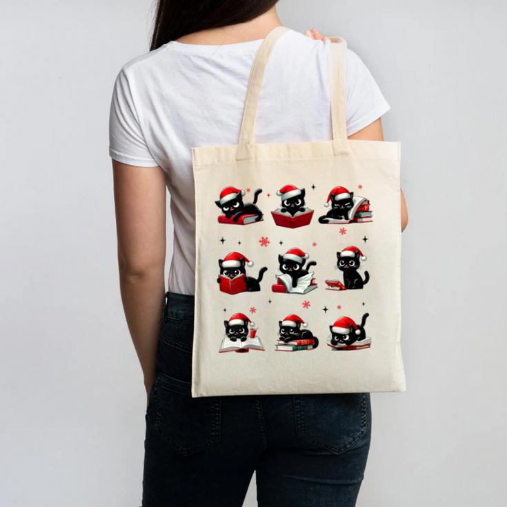 Cat Reading Books Lover Christmas Cat Lover Xmas Canvas Tote Bag
