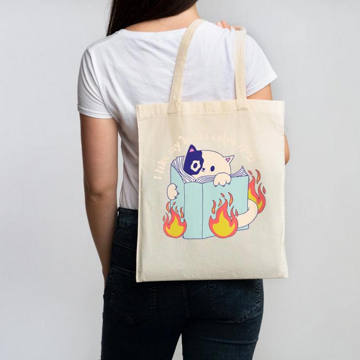 Cat Reading a Romance BookI Like My Books Extra Spicy Canvas Tote Bag