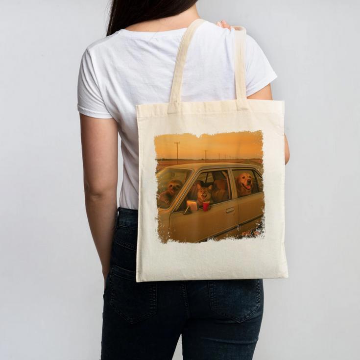 Cat Sloth Dog Retro Nostalgia Roadtrip Photo Canvas Tote Bag