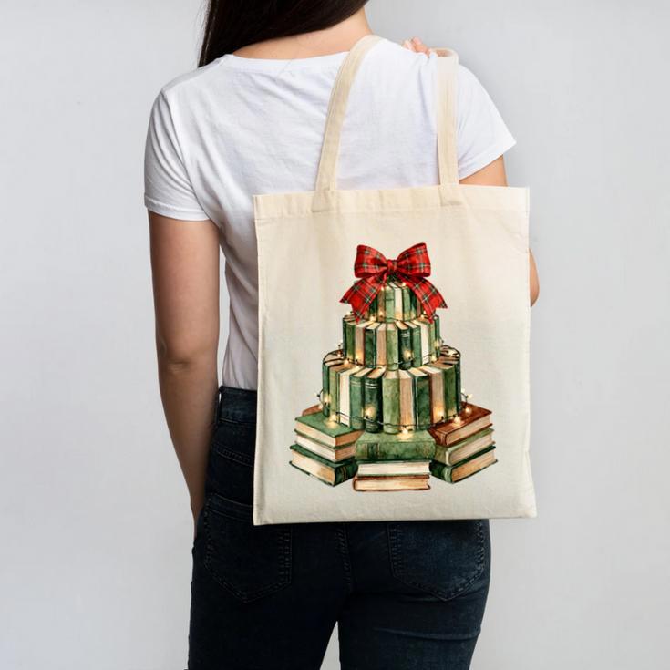 Christmas Book Tree Coquette Bow Xmas Reading Librarian Girl Canvas Tote Bag Christmas Book Tree Coquette Bow Xmas Reading Librarian Girl Canvas Tote Bag