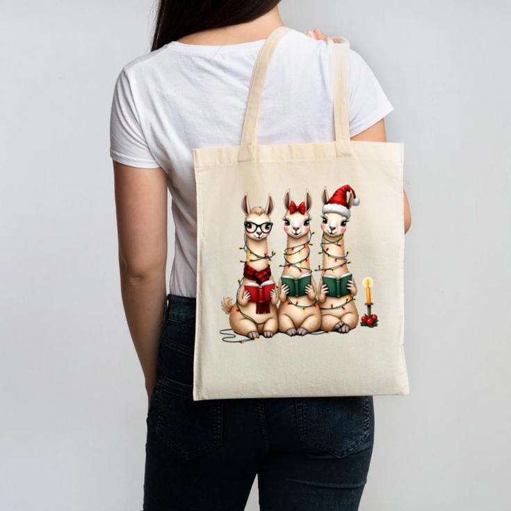 Christmas Three Llamas Reading Reading Books Llama Lover Canvas Tote Bag