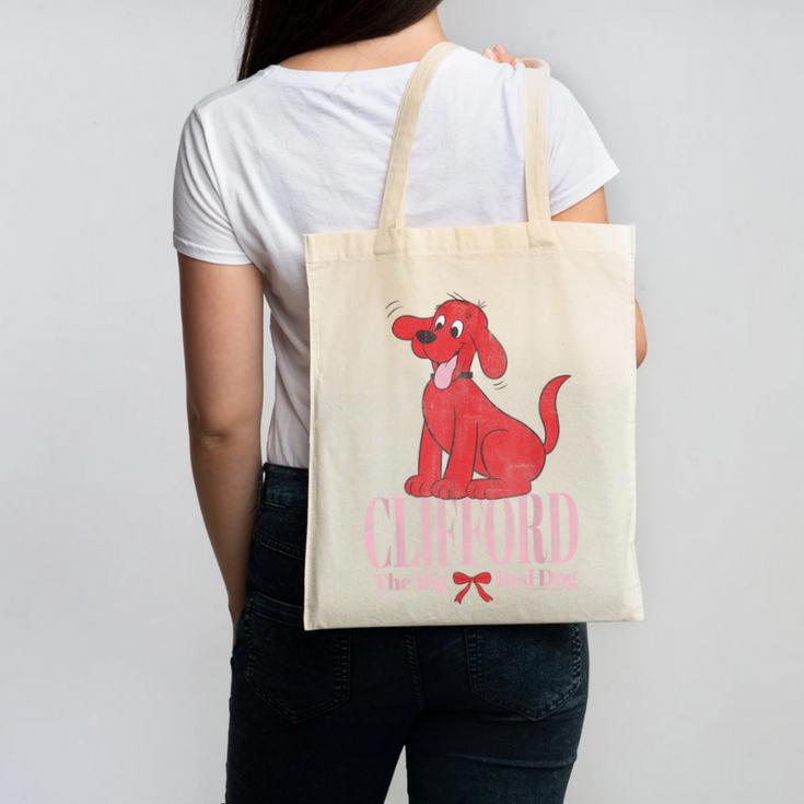 Clifford The Big Red Dog Pink Text With Bow Illustrated Book Canvas Tote Bag