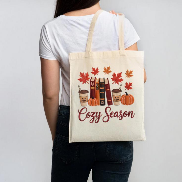 Cozy Season Autumn Leaves Books Pumpkins Fall Halloween Canvas Tote Bag