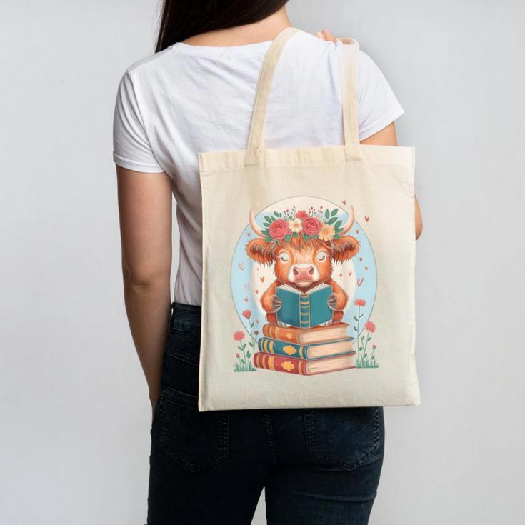 Cute Baby Highland Cow Reading Book Bookworm For Men Women Canvas Tote Bag