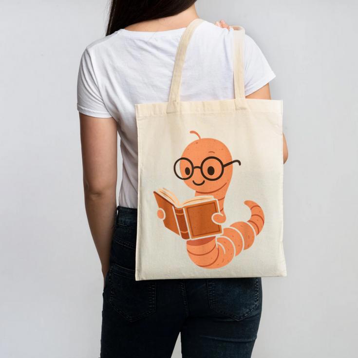 Cute Bookworm Worm Reading Book Glasses Nerdy Canvas Tote Bag