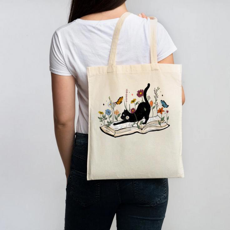 Cute Cat Flower Garden Book Kitty Reading Floral Men Women Girls Kids Canvas Tote Bag