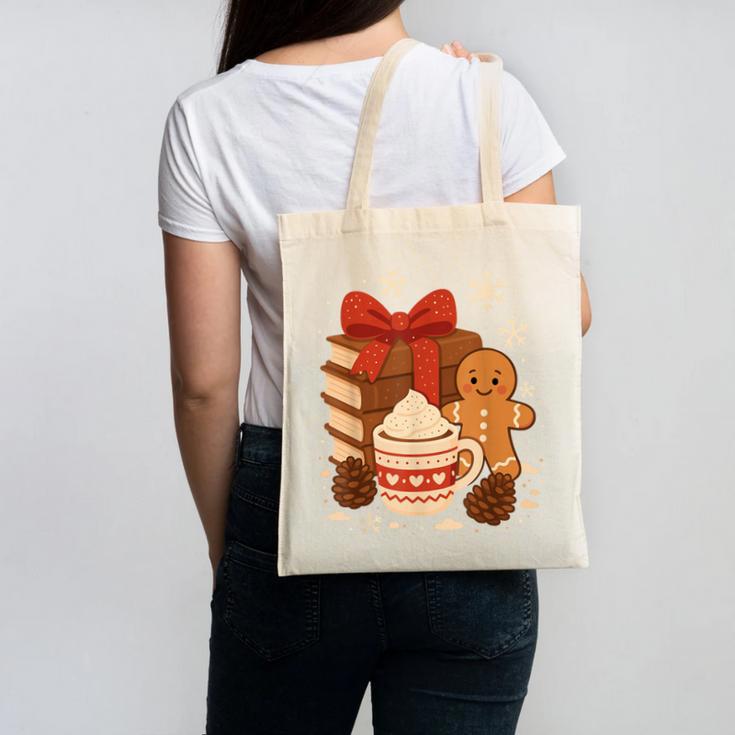 Cute Christmas Books Gingerbread Xmas Book Lover Teacher Canvas Tote Bag