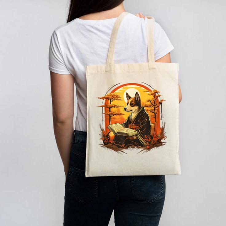Cute Corgi Dog In Japanese Kimono With Book Men Women Girls Kids Canvas Tote Bag Cute Corgi Dog In Japanese Kimono With Book Men Women Girls Kids Canvas Tote Bag