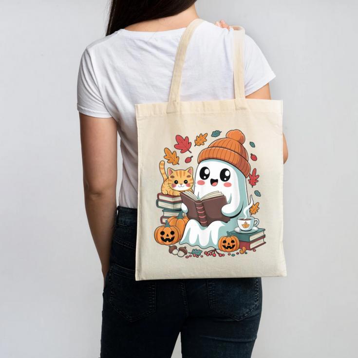 Cute Cozy Ghost Reading With Cat Book Lover Autumn Fall Canvas Tote Bag Cute Cozy Ghost Reading With Cat Book Lover Autumn Fall Canvas Tote Bag