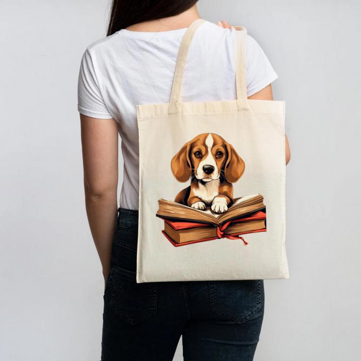 Cute Dog Beagle Reading Book Canvas Tote Bag