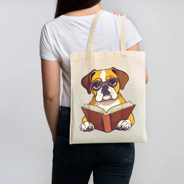 Cute Dog Boxer Reading Book Canvas Tote Bag