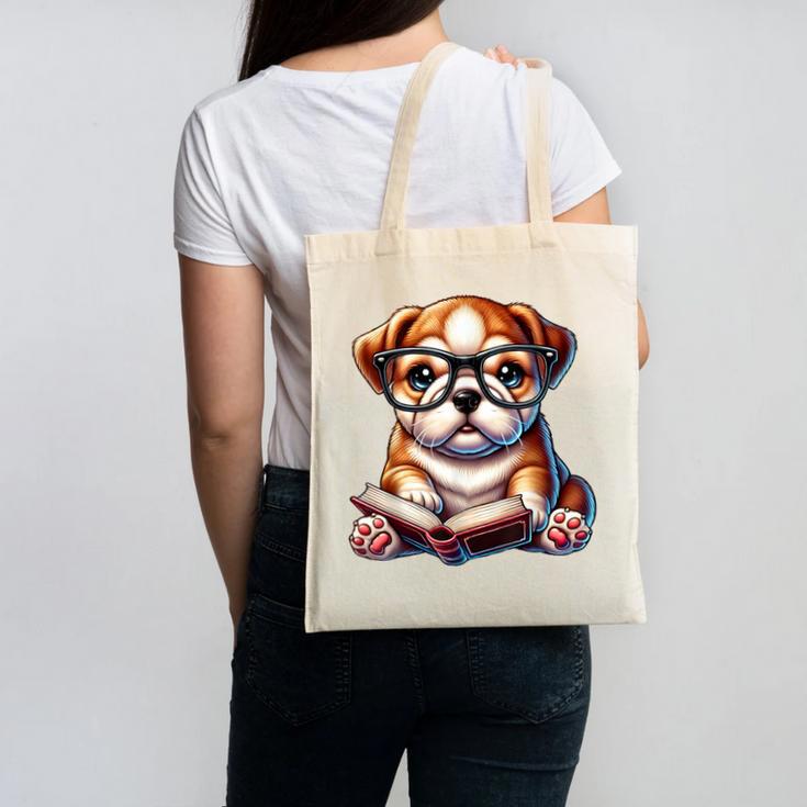Cute Dog Puppy English Bulldog Reading Book Canvas Tote Bag