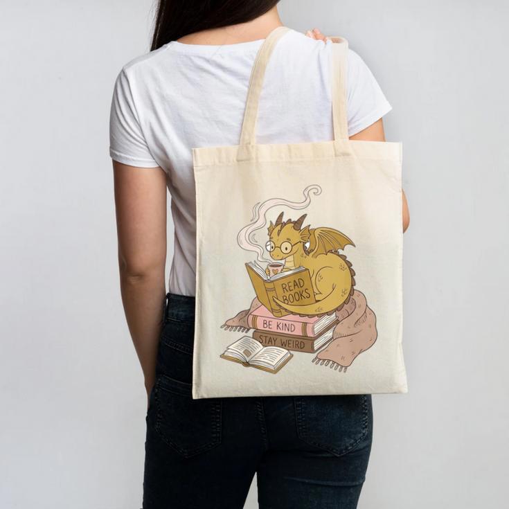 Cute Dragon Be Kind Stay Weird Read Books Canvas Tote Bag