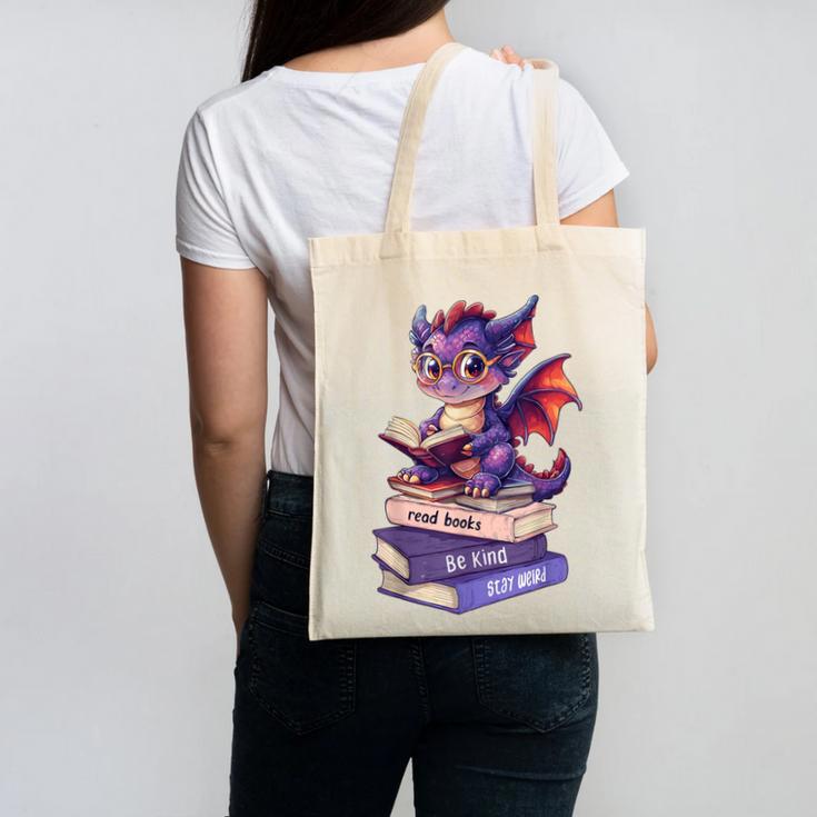 Cute Dragon Read Books Be Kind Stay Weird Book Lover Canvas Tote Bag