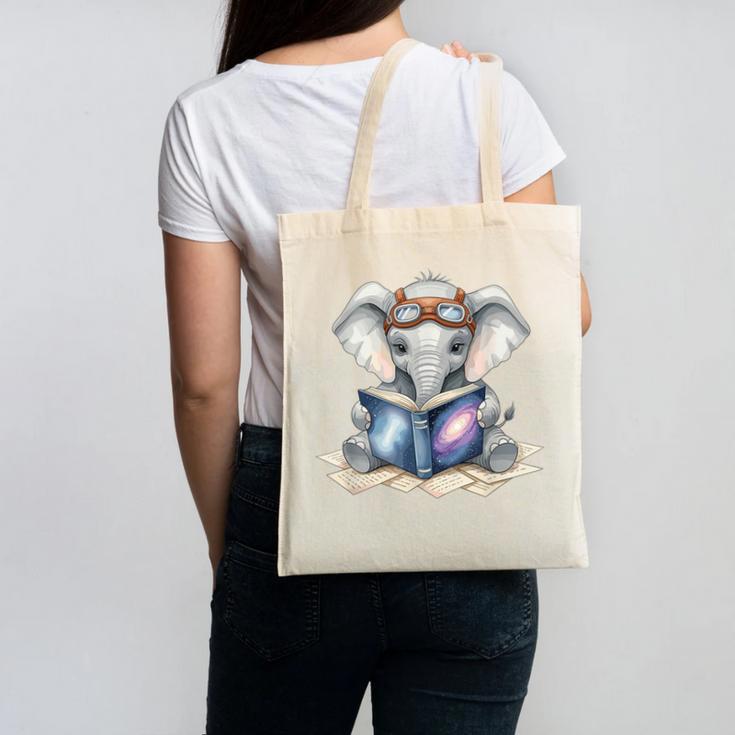 Cute Elephant Reading Universe Book Canvas Tote Bag
