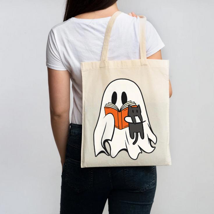 Cute Ghost Cat Reading Book Spooky Season Halloween Costume Canvas Tote Bag