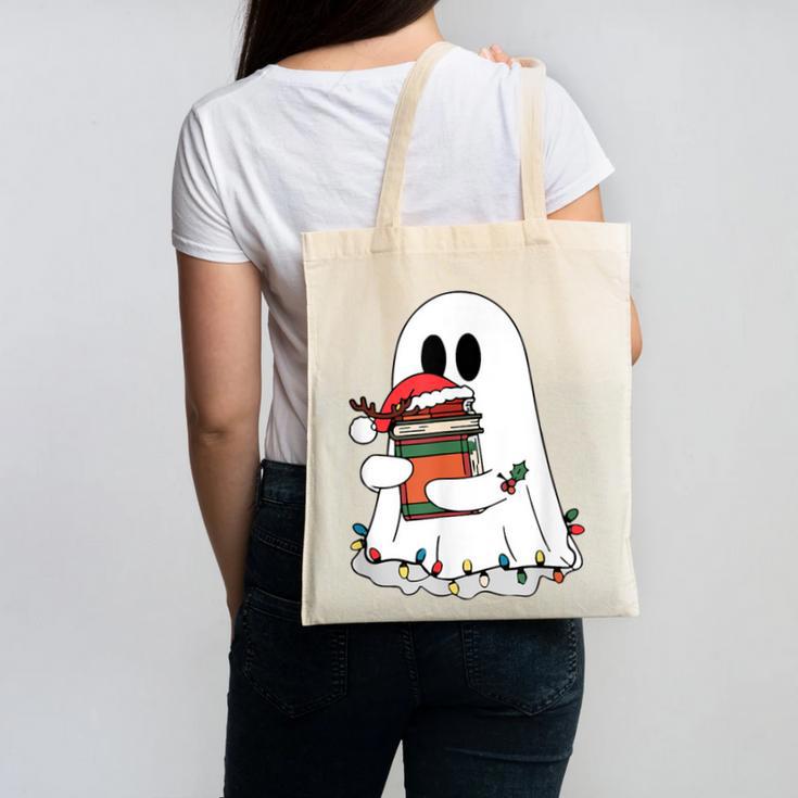 Cute Ghost Holding Books Bookish Christmas Canvas Tote Bag Cute Ghost Holding Books Bookish Christmas Canvas Tote Bag
