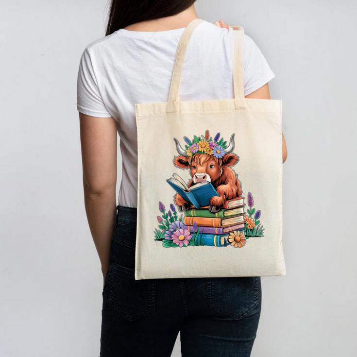 Cute Highland Cow Reading Book Baby Cow Bookworm Canvas Tote Bag Cute Highland Cow Reading Book Baby Cow Bookworm Canvas Tote Bag