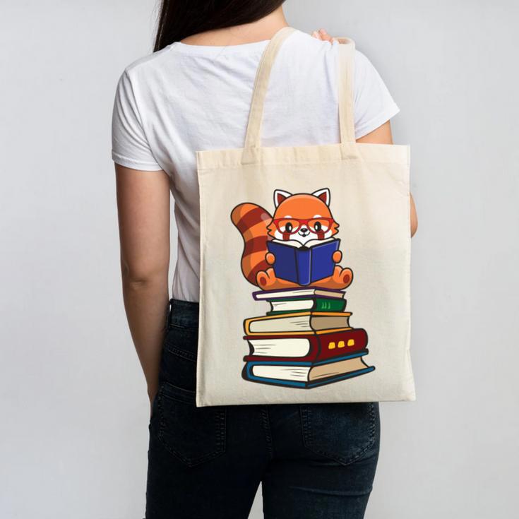 Cute Kawaii Kids Reading Books Glasses Red Panda Lover Canvas Tote Bag