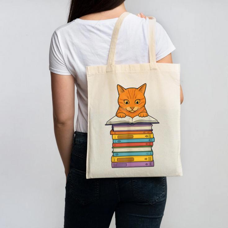 Cute Orange Tabby Cat Reading On Pile Of Books Canvas Tote Bag