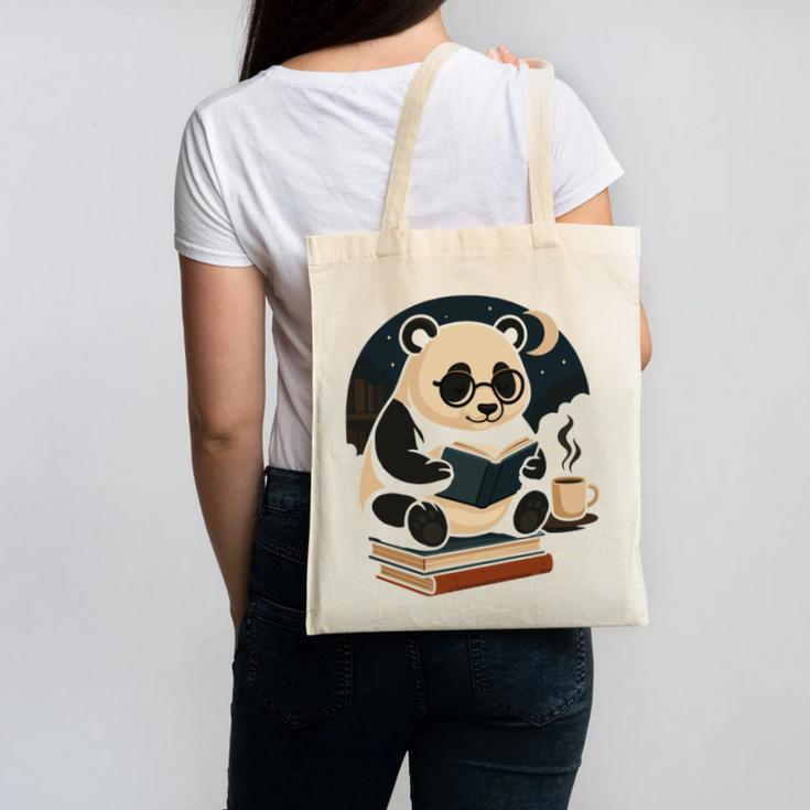 Cute Panda Reading Book Under Moon Bookworm Coffee Lover Canvas Tote Bag