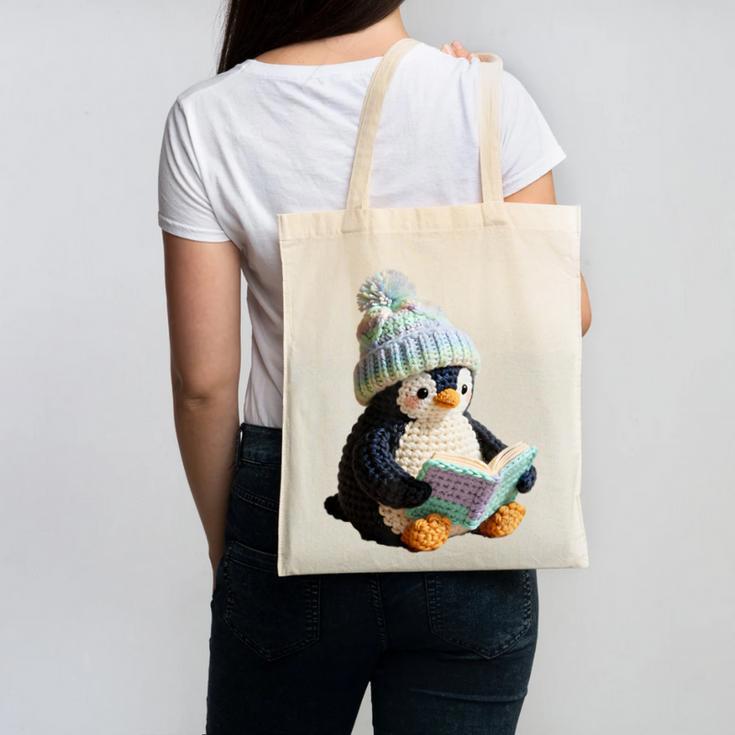 Cute Penguin Reading Book Faux-Crochet Print Canvas Tote Bag