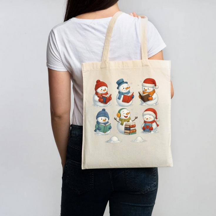 Cute Snowman Reading Books Christmas Winter Book Lover Canvas Tote Bag