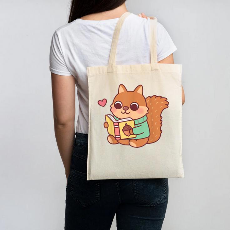 Cute Squirrel Reading A Book Lovers Anime Kawaii Women Kids Canvas Tote Bag Cute Squirrel Reading A Book Lovers Anime Kawaii Women Kids Canvas Tote Bag