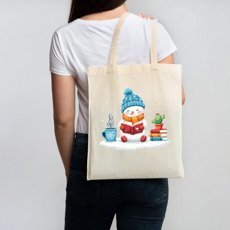 Cute Winter Cozy Snowman Reading Book Lovers Xmas Snowman Canvas Tote Bag