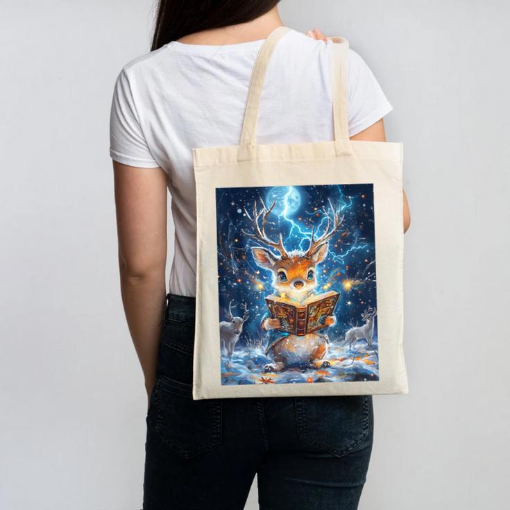Deer Reads Book Women Girls Reindeer Canvas Tote Bag Deer Reads Book Women Girls Reindeer Canvas Tote Bag