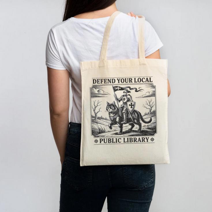 Defend Your Local Public Library Cat Knight Book Lover Canvas Tote Bag