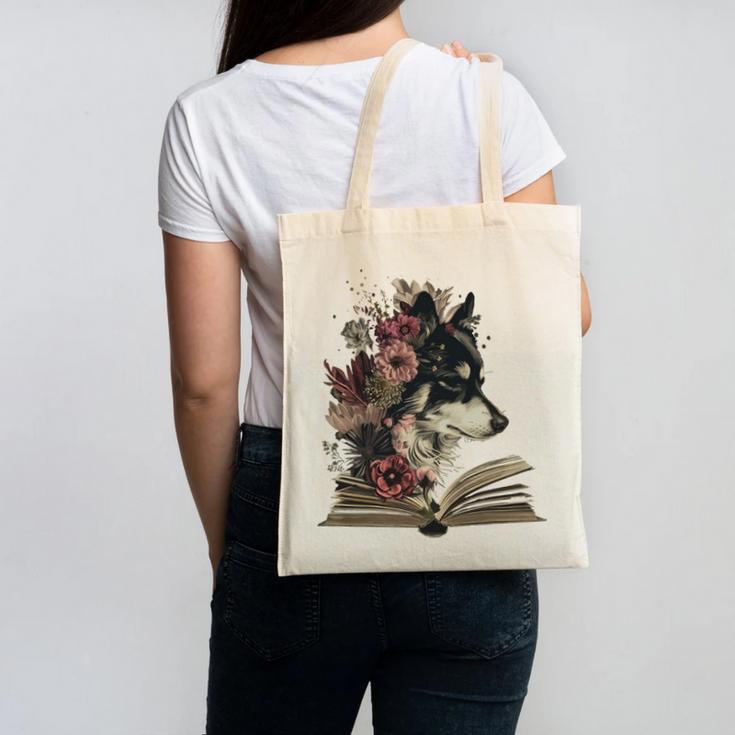 Dog Book Flower Canvas Tote Bag