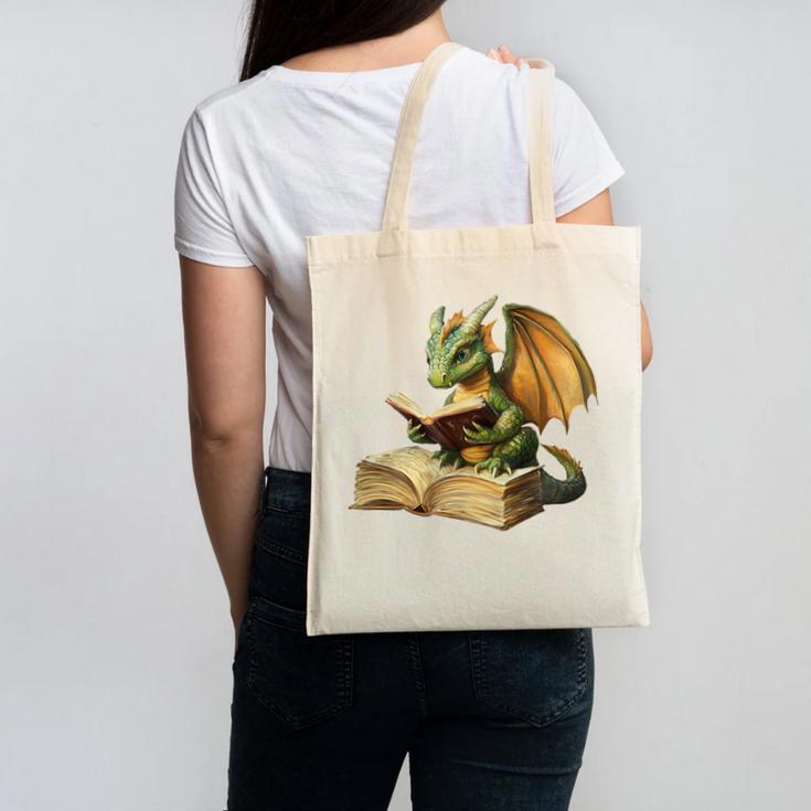 Dragon Bookworm Reading Book Graphic Canvas Tote Bag