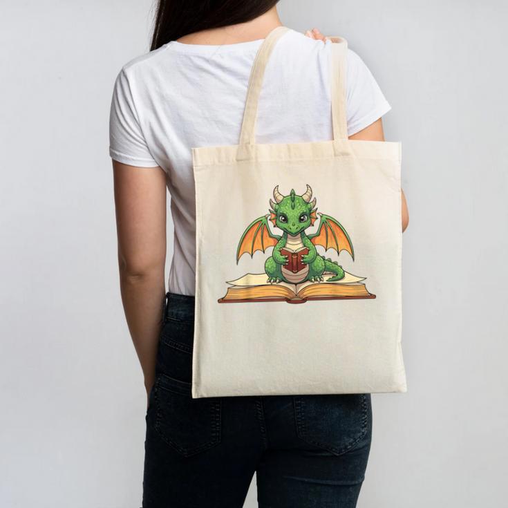 Dragon Reading Book Bookworm Canvas Tote Bag