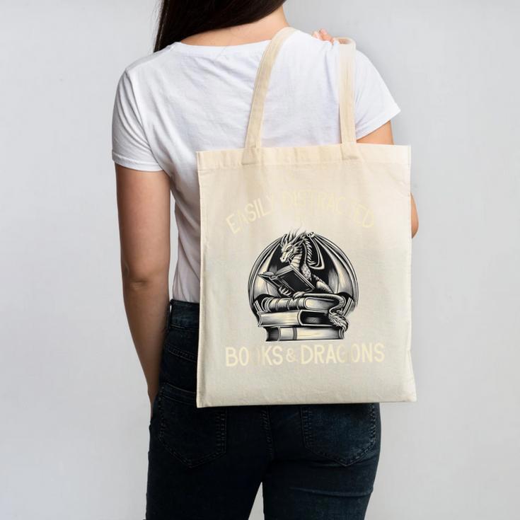 Easily Distracted By Books And Dragons Book Dragon Lover Canvas Tote Bag