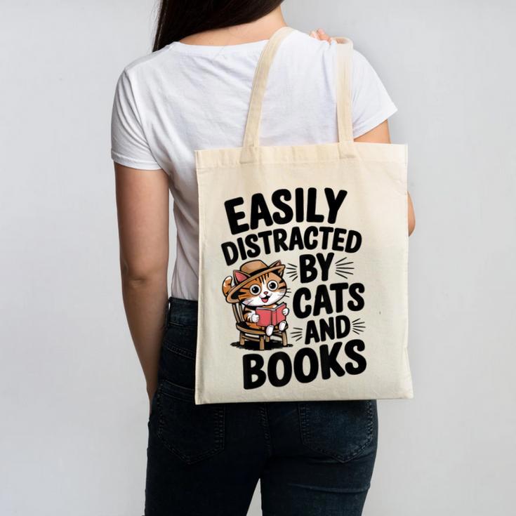 Easily Distracted By Cats And Books Lovers Reading Canvas Tote Bag Easily Distracted By Cats And Books Lovers Reading Canvas Tote Bag