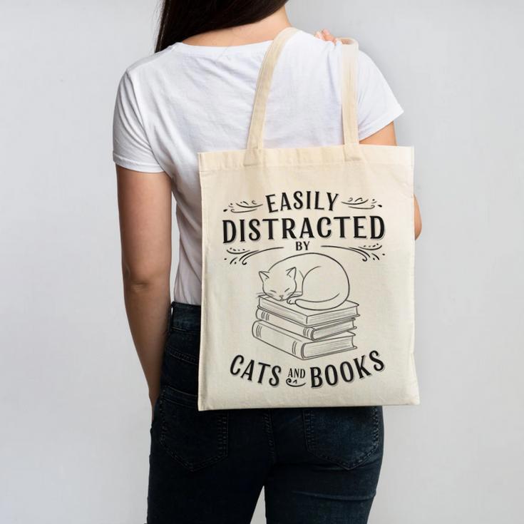 Easily Distracted By Cats And Books For Women Canvas Tote Bag