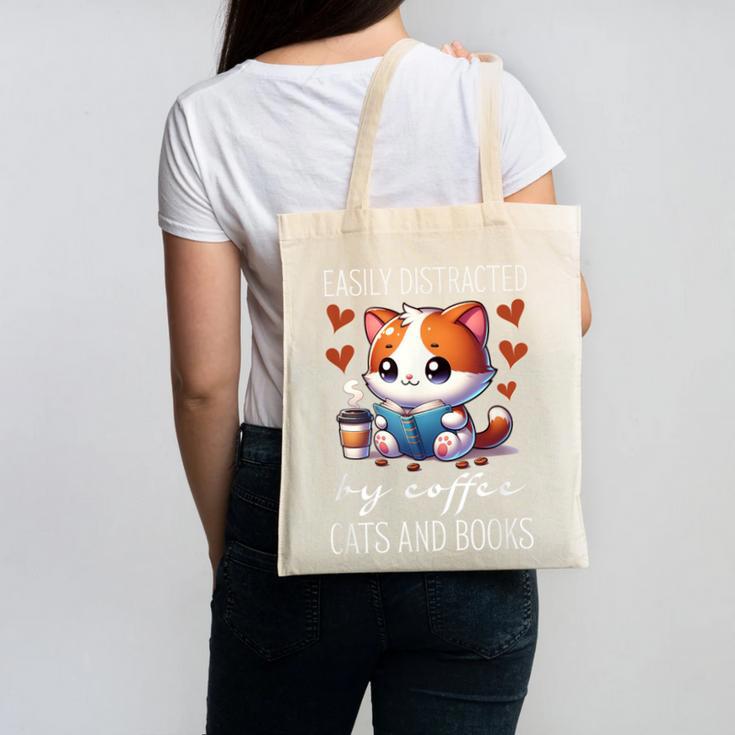 Easily Distracted By Coffee Cats And Books Canvas Tote Bag