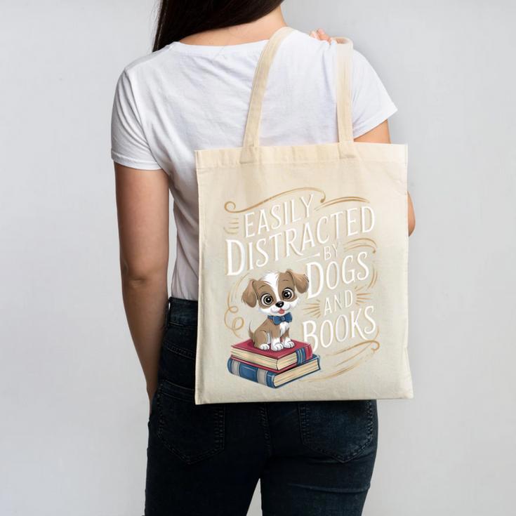 Easily Distracted By Dogs And Books Reader Animal Dog Canvas Tote Bag Easily Distracted By Dogs And Books Reader Animal Dog Canvas Tote Bag