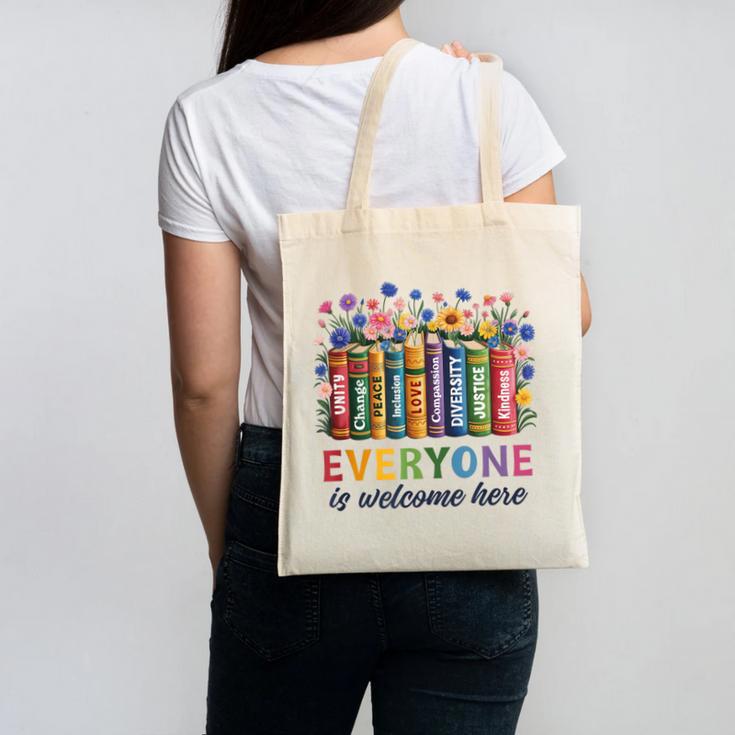 Everyone Is Welcome Here Floral Book LGBT Pride Equality Canvas Tote Bag
